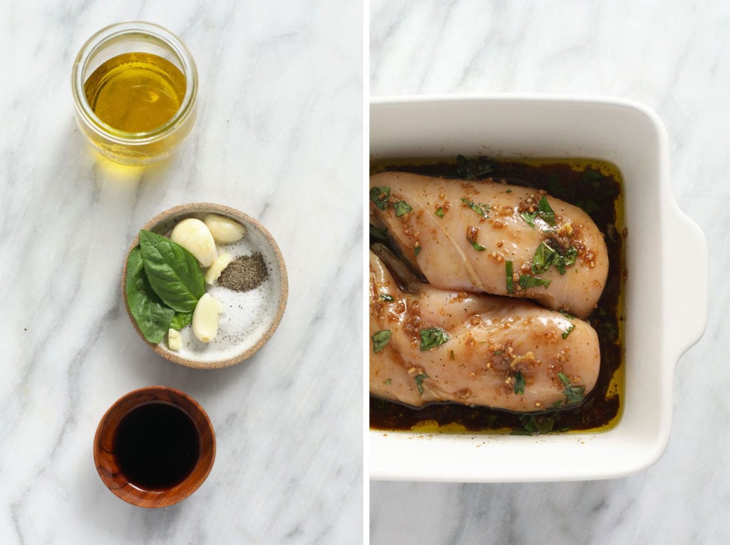 We love this balsamic chicken marinade so much because it keeps things simple with olive oil, salt, pepper, garlic, balsamic, and fresh basil. Yum! Balsamic chicken marinade ingredients and chicken breasts in dish
