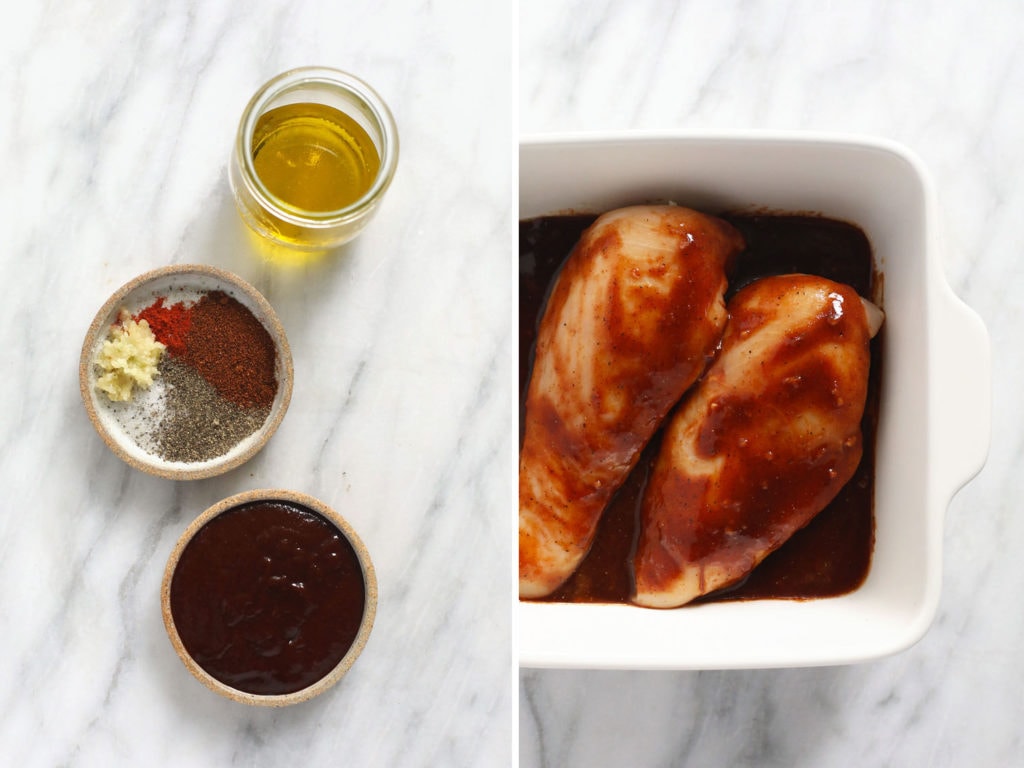 There is nothing better than saucy BBQ chicken. Follow this easy bbq chicken marinade recipe and mix your favorite bbq sauce with savory spices and a little olive oil! bbq chicken marinade ingredients and chicken breasts in dish