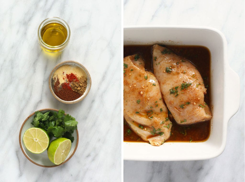 Looking for chicken fajita marinade that's super simple to put together yet packs in all the classic fajita flavors? You'll love this chicken marinade as it's made with a mixture of olive oil, spices, lime juice, and fresh cilantro! chicken fajita marinade ingredients and chicken breasts in dish