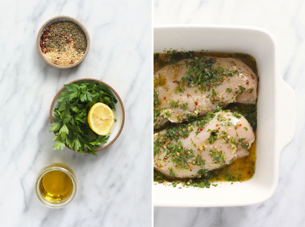This Italian chicken marinade is such a great all-purpose marinade to make for any meal. It's made with fresh and dried herbs, lemon, and olive oil. You'll never buy store-bought Italian marinade again! Italian chicken marinade ingredients and chicken breasts in dish