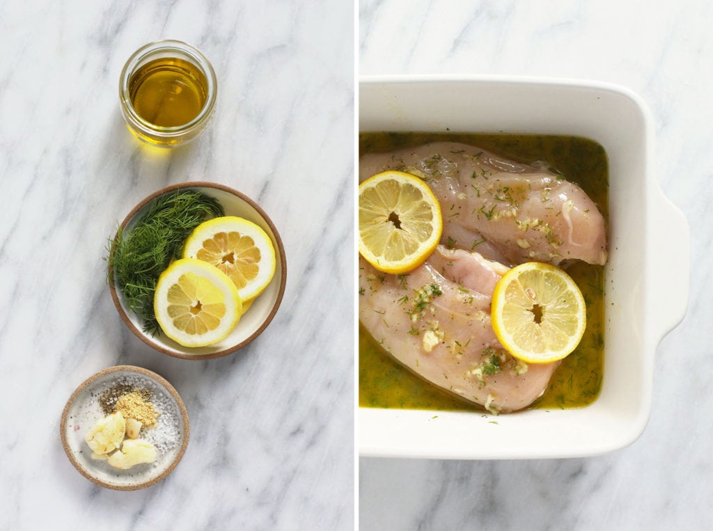 This lemon chicken marinade is light, fresh, and made with lemon juice, dill, garlic, and olive oil. It's a winner every time! lemon chicken marinade ingredients and chicken breasts in dish