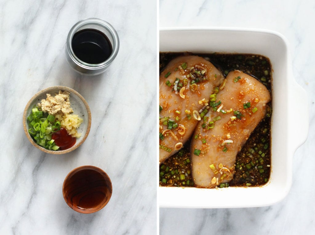 Say hello to the greatest teriyaki chicken marinade you've ever tasted. Our homemade teriyaki sauce is made with 7 simple ingredients that you already have in your kitchen. PS: it's made without refined sugars, too! teriyaki chicken marinade ingredients and chicken breasts in dish