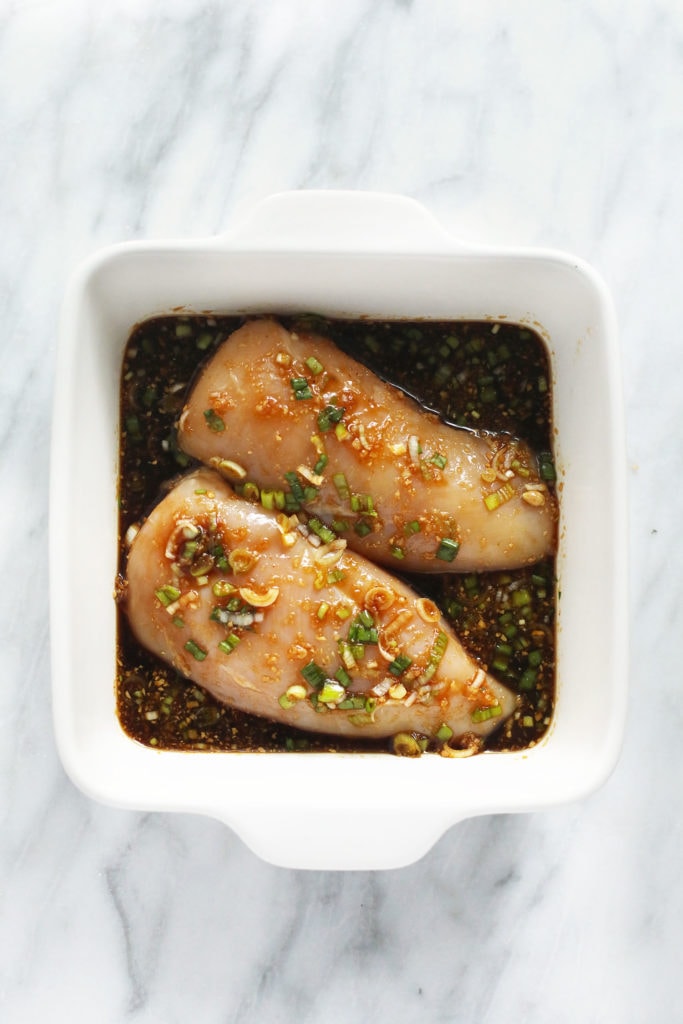 Dry, tasteless chicken-no-more! Use one of these flavorful chicken marinades to infuse flavor into your chicken. You'll never go back to plain, boring chicken again. chicken breasts marinating in teriyaki sauce