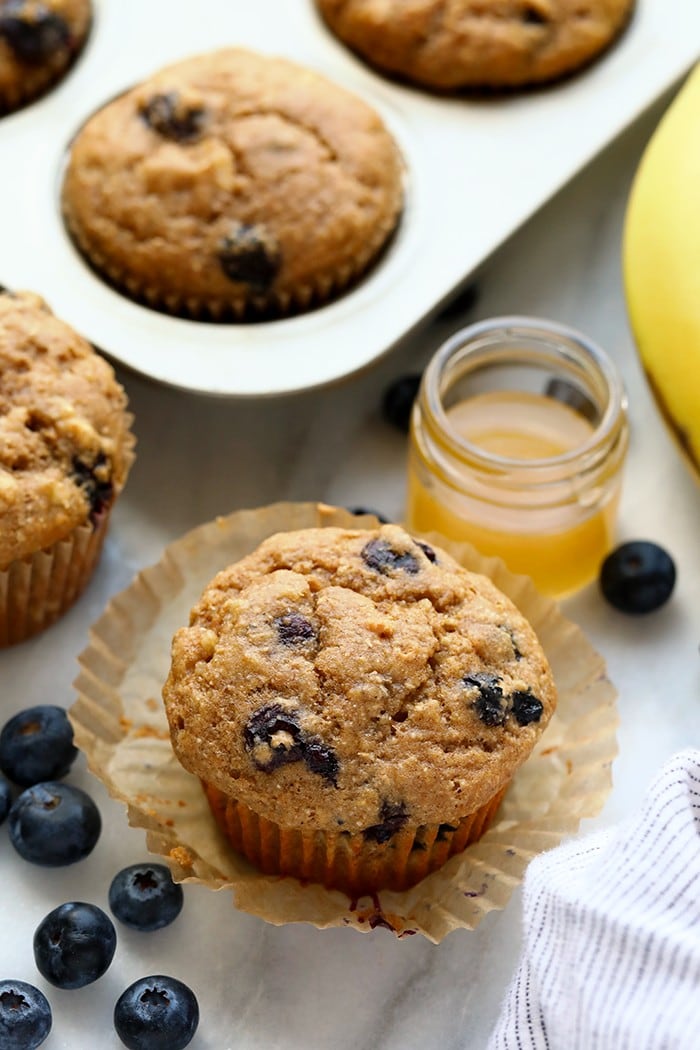 Pack these blueberry muffins up for a healthy snack option at work! You can also throw a batch of these muffins into the freezer for a healthy snack option at home all week long! Finished blueberry muffins