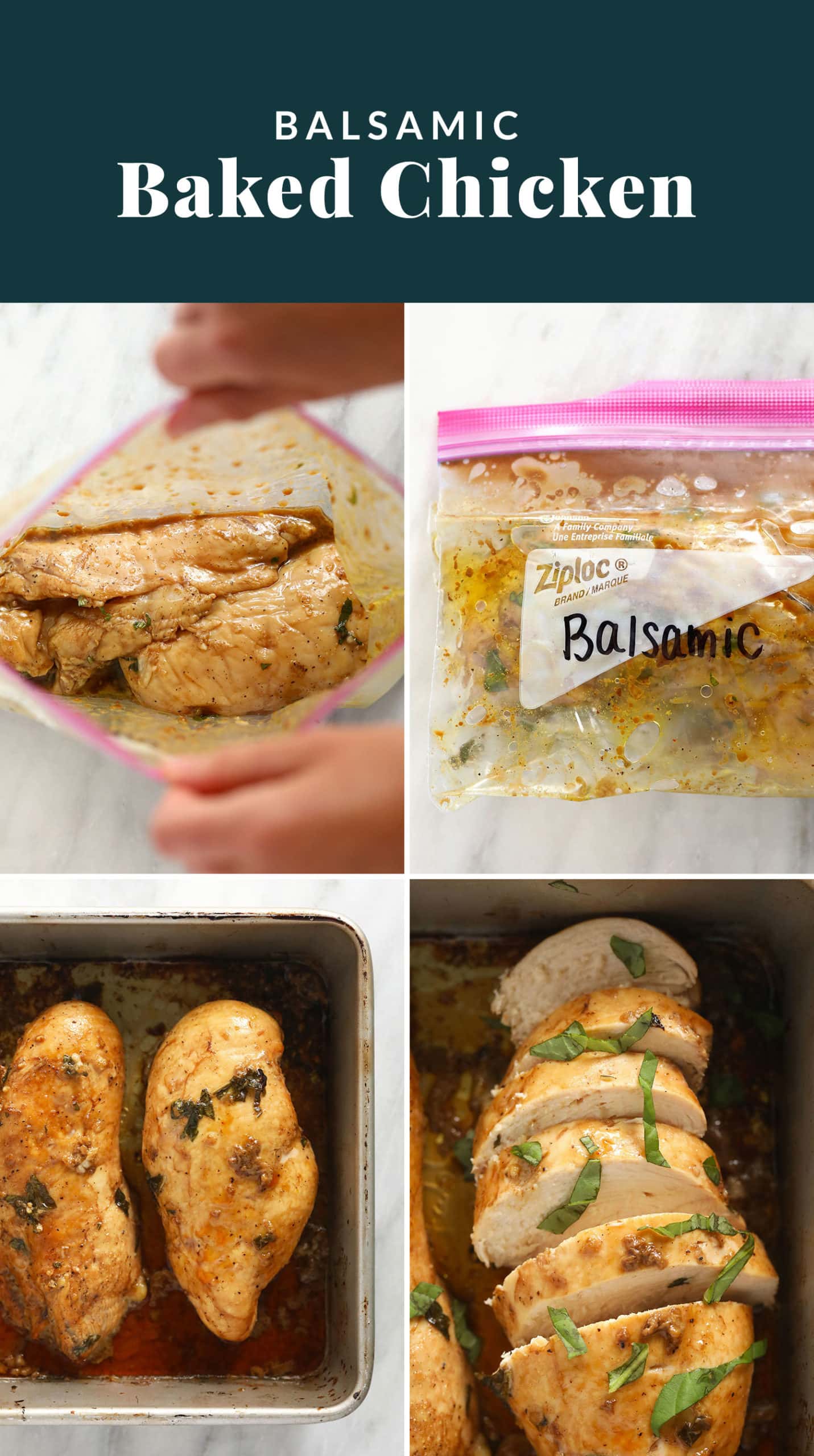 Whip up a delicious balsamic chicken marinade and make this baked balsamic chicken. It's made with balsamic vinegar, olive oil, fresh basil, and other spices. balsamic baked chicken breast collage