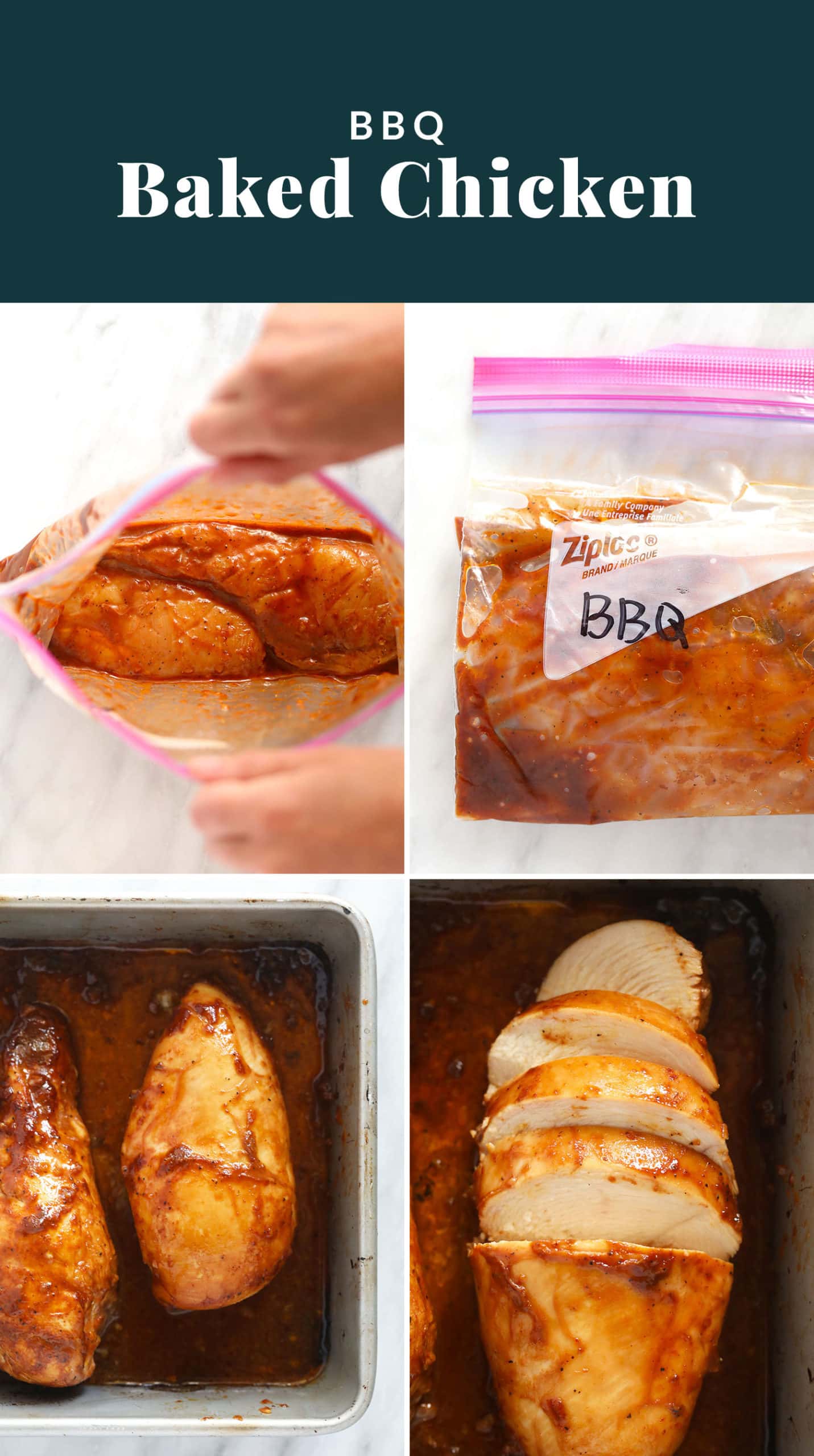 It doesn't get any easier than baked BBQ chicken! Whip up this delicious semi-homemade bbq chicken marinade and then bake your chicken breast to perfection. baked bbq chicken collage