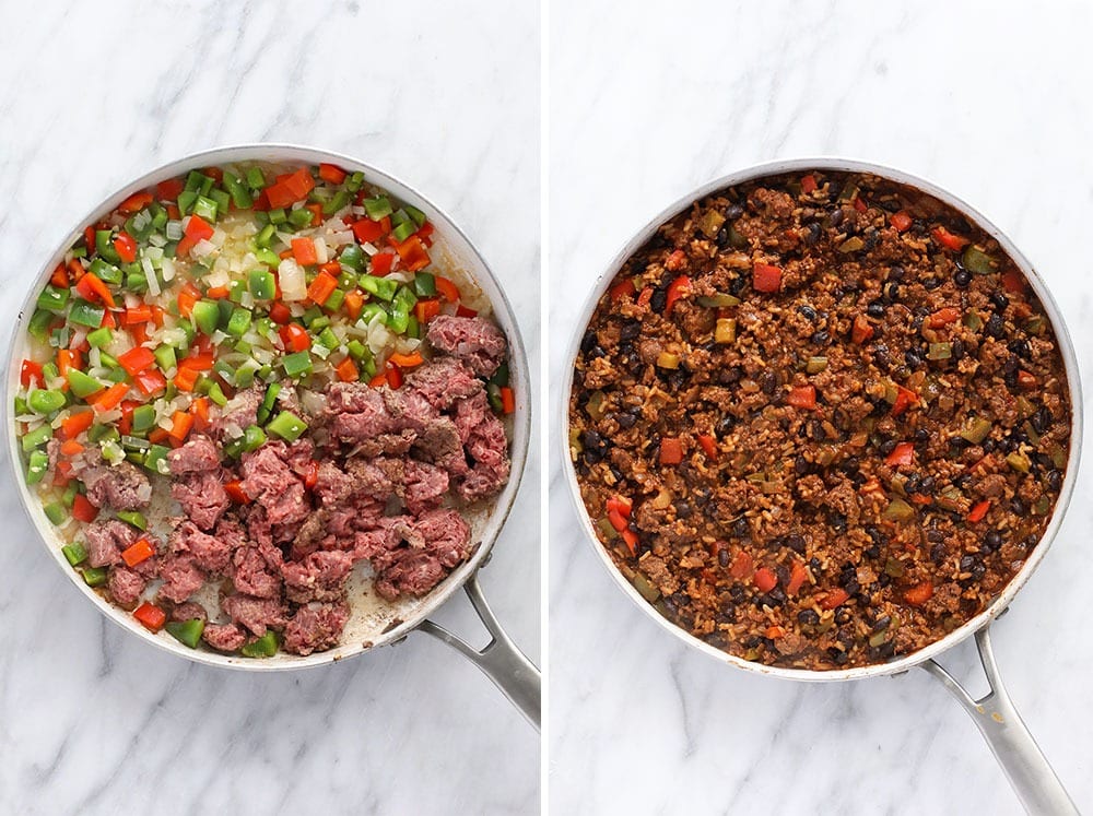 This Beef Skillet. It's all about versatility. Want to eat it as a healthy dinner idea? Need a game day app? Want a meal-prep lunch recipe? Girl, this works for all of that! beef skillet in pan