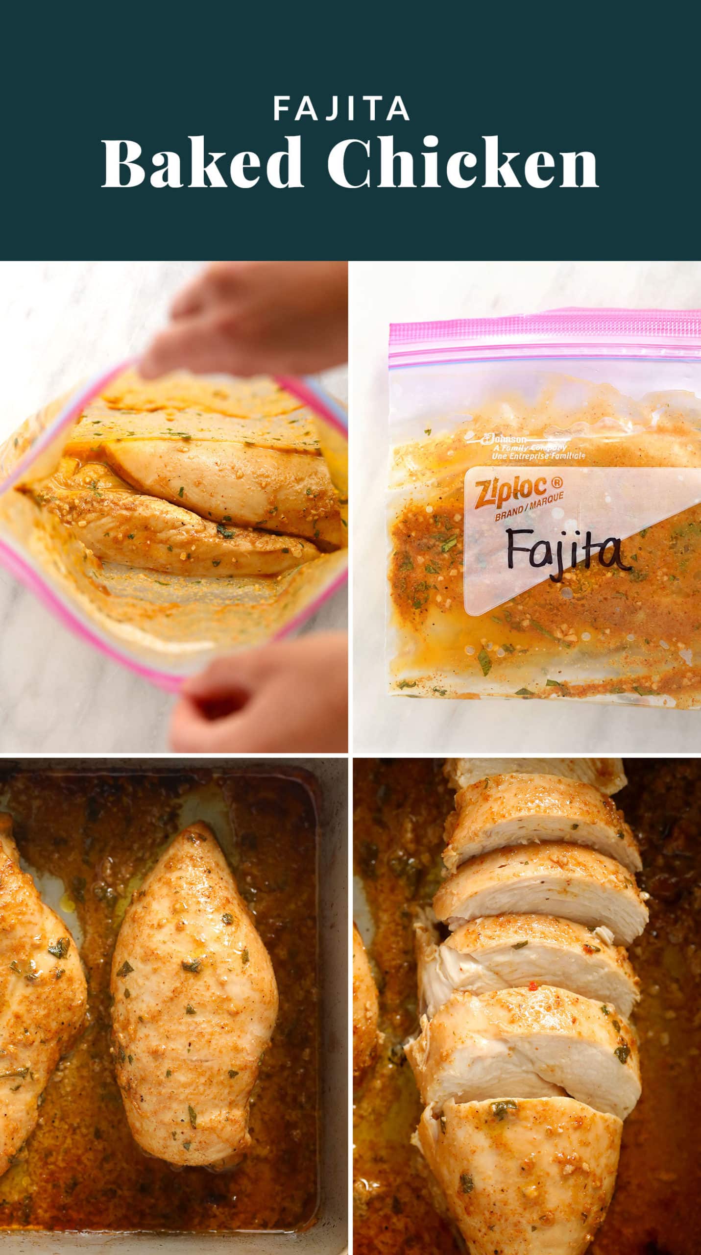 Made with lime juice, garlic, and fajita spices, you will love this fajita baked chicken recipe! It's not too spicy, but such a great Mexican chicken recipe. fajita baked chicken collage