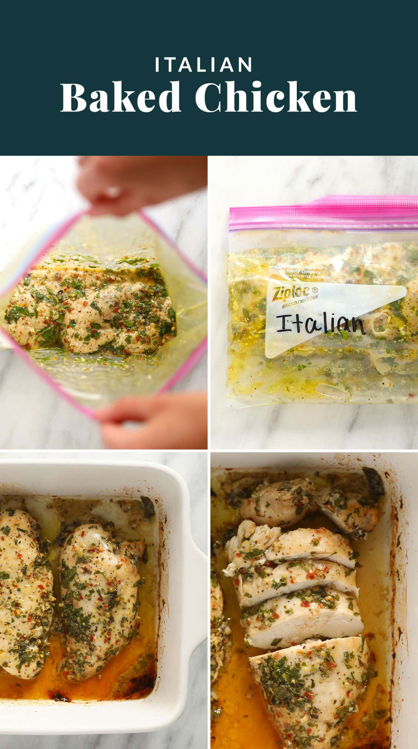 Make your own Italian Chicken marinade with olive oil, lemon juice, garlic, and red pepper flakes. This baked chicken breast comes out tender and juicy! Baked Italian chicken collage