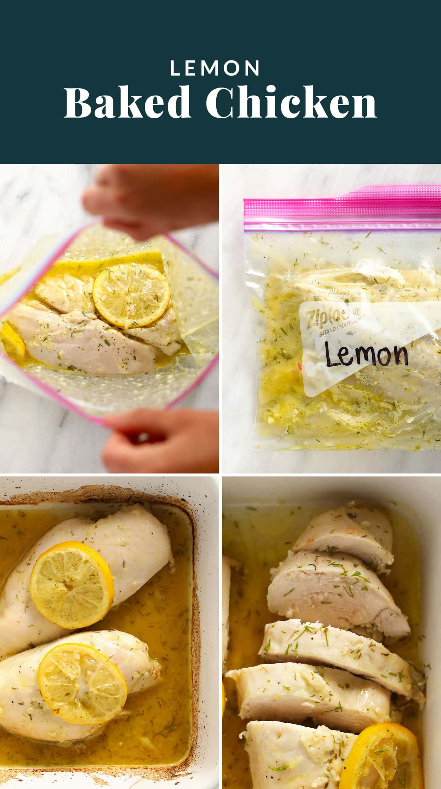 This baked lemon chicken is citrusy, juicy, and such a great main meal to serve any night of the week. Marinate your lemon chicken for at least 2 hours and then bake your breast in the marinade. Make sure to save some sauce for serving! lemon baked chicken collage