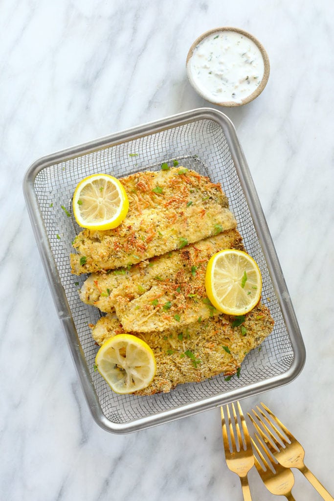 Parmesan crusted tilapia in a basket ready to eat!