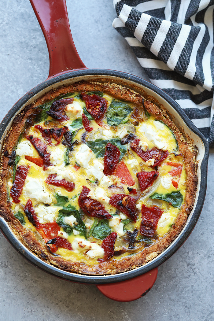 Sweet potato crust quiche in a skillet
