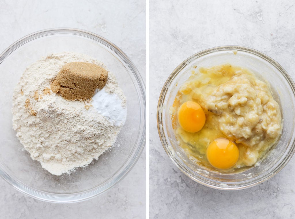 Delicious, airy, moist healthy banana bread coming right up! Our signature healthy banana bread recipe is made with white whole wheat flour, ripe bananas, all-natural sweeteners, and coconut oil. 2 bowls of dry ingredients and wet