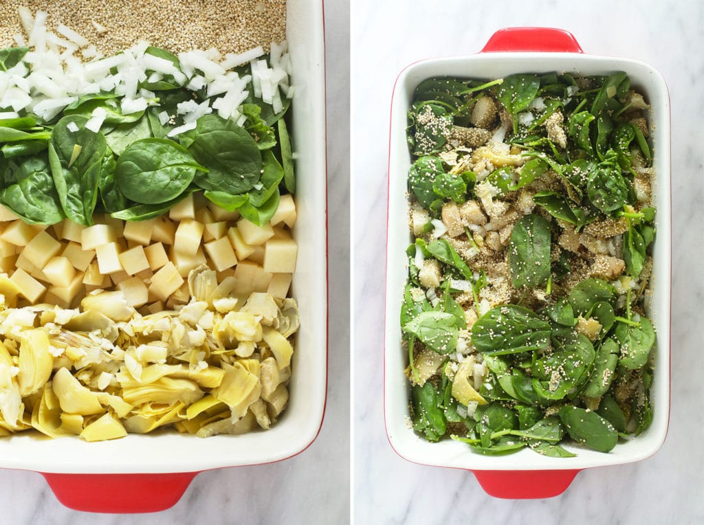 All of the ingredients of spinach artichoke quinoa casserole in a casserole dish.