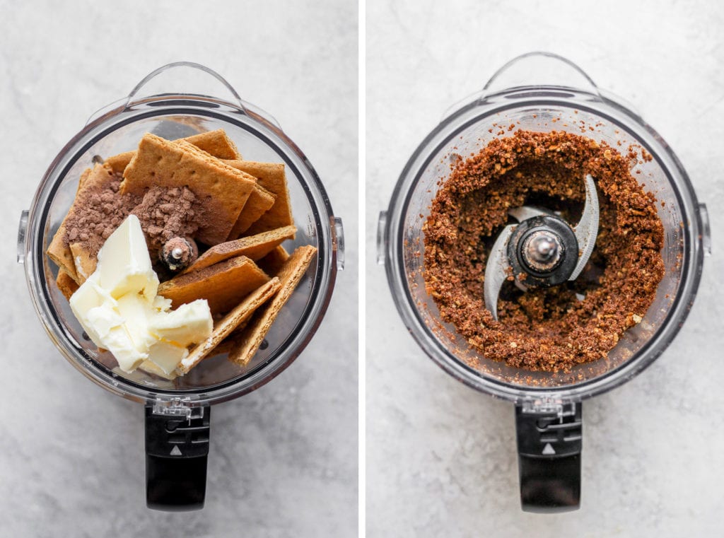 Before and after photos of the chocolate graham cracker crust.