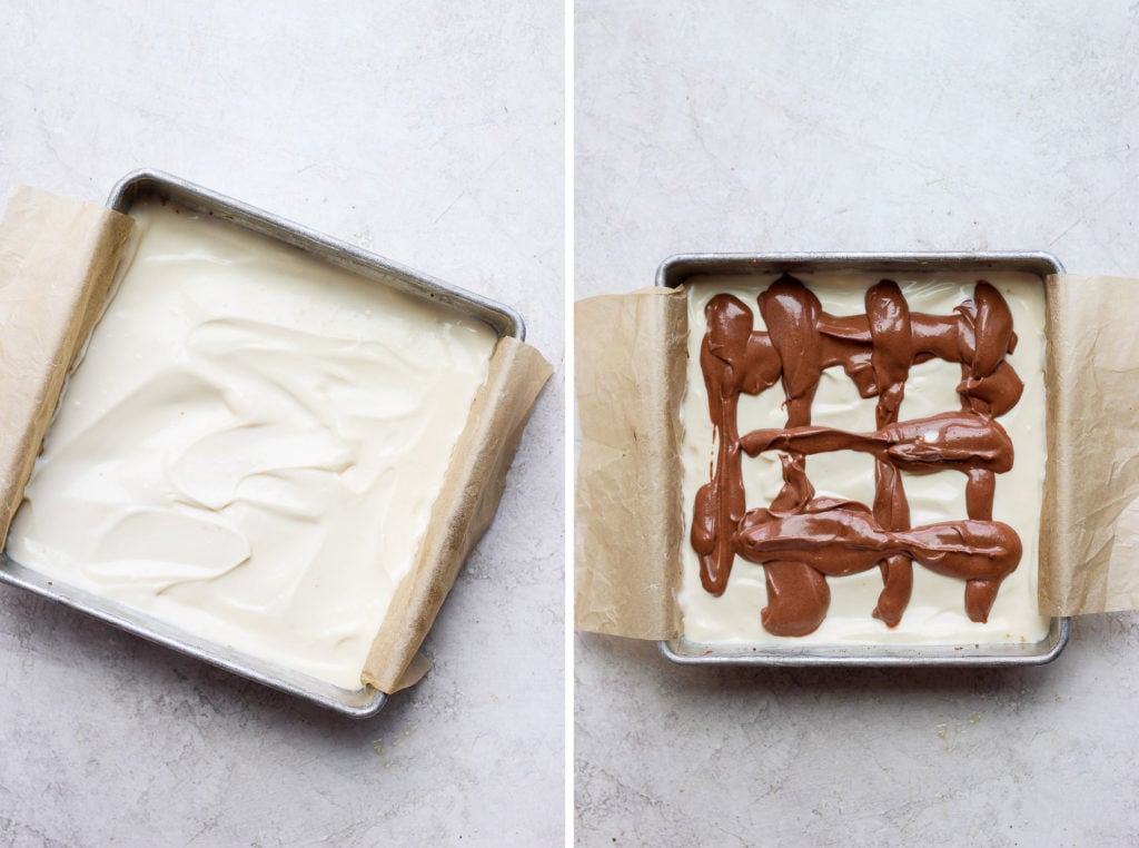Two photos of how to make a swirl on top of cheesecake bars.