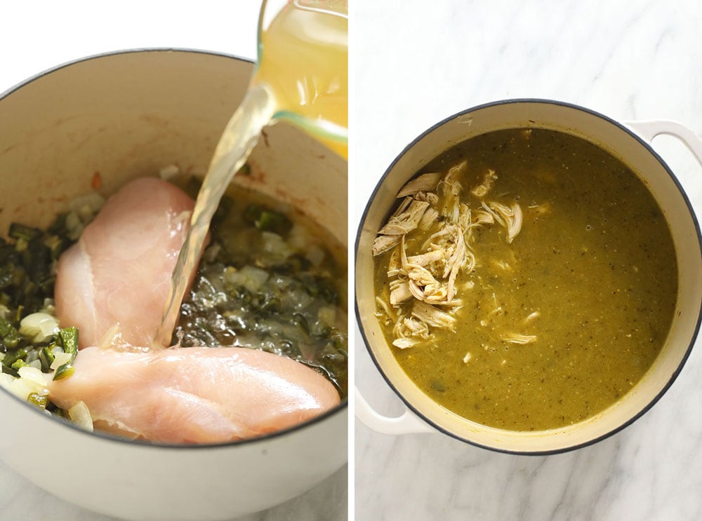 Green Chili (AKA Chile Verde) never looked so good! This easy green chicken chili is made with roasted peppers, your favorite salsa verde, chicken breast, and white beans. green chicken chili in stock pot