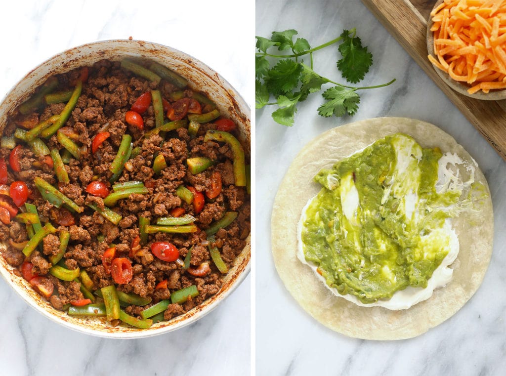 Welcome to the best chicken quesadillas on the internet! This easy weeknight meal comes together in 5 simple steps and under 30 minutes. Enjoy! chicken quesadilla ingredients spread on a tortilla