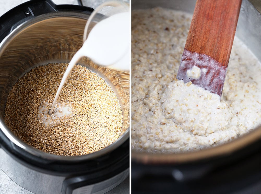 Instant Pot Steel Cut Oats in just 10-minutes! Learn how to make the creamiest Instant Pot Oatmeal with just 3 simple ingredients + get inspiration on how to flavor and top your bowl of oats! oatmeal in instant pot