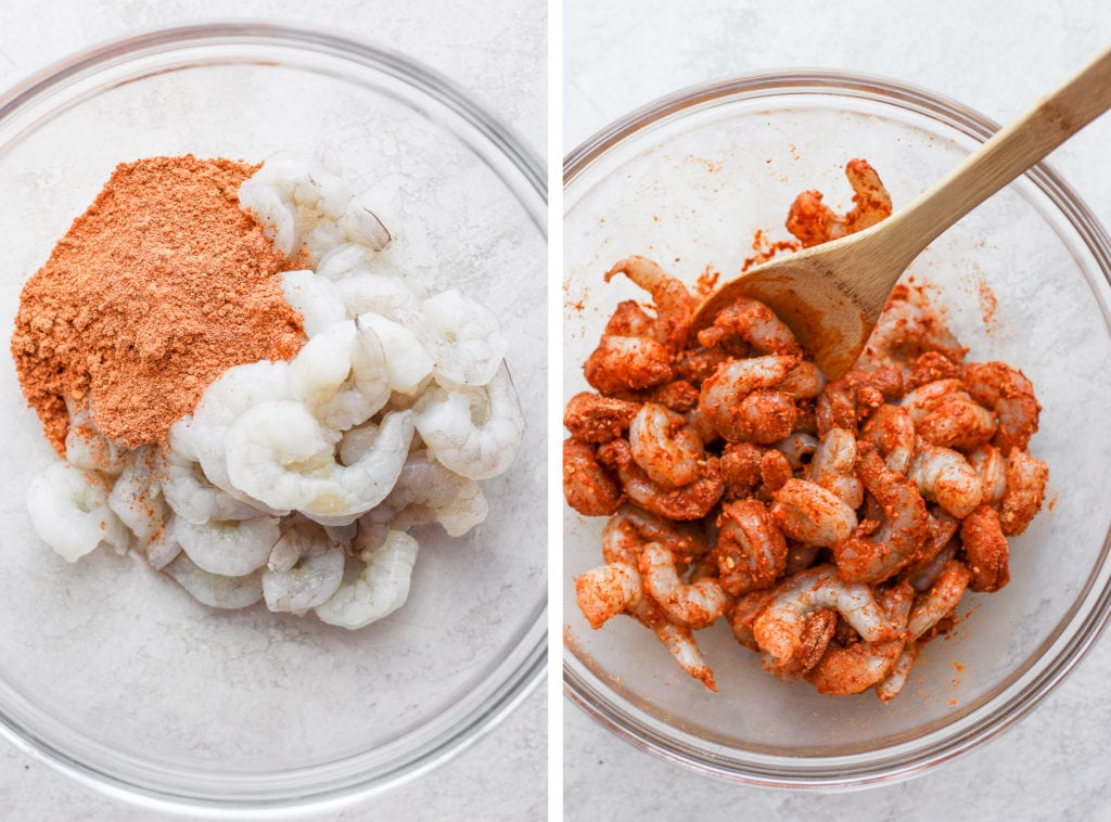 These shrimp tacos are the ultimate easy weeknight meal! With a sweet pepper slaw and an avocado greek yogurt sauce, the flavors of these tacos can't be beat. raw shrimp being coated in taco seasoning