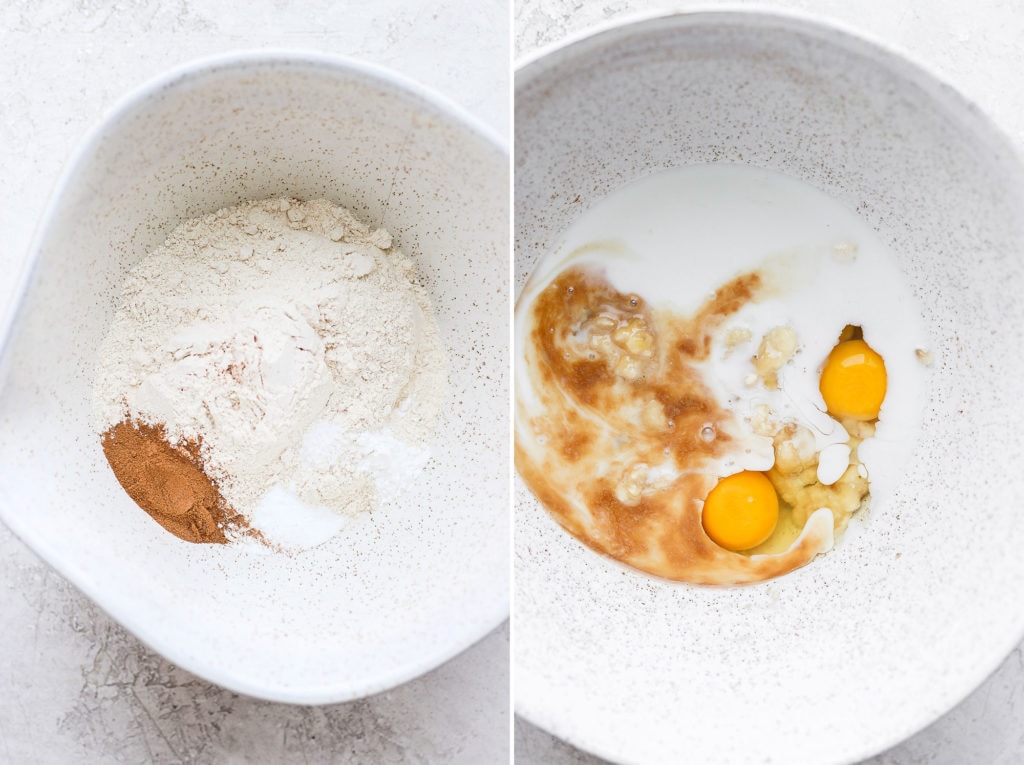 It's a waffle morning over here! These Cinnamon Roll Waffles taste just like the real thing, but pack healthy simple ingredients. Finish with a Greek yogurt cream cheese drizzle for the most delicious breakfast ever! wet and dry ingredients for cinnamon roll waffles ready to be mixed together