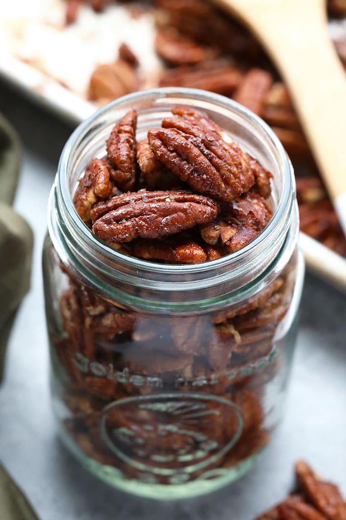 There's nothing better than sweet roasted pecans on a fall salad. Make these Oil-Free Maple Roasted Pecans in 10 minutes! Roasted pecans in a jar.