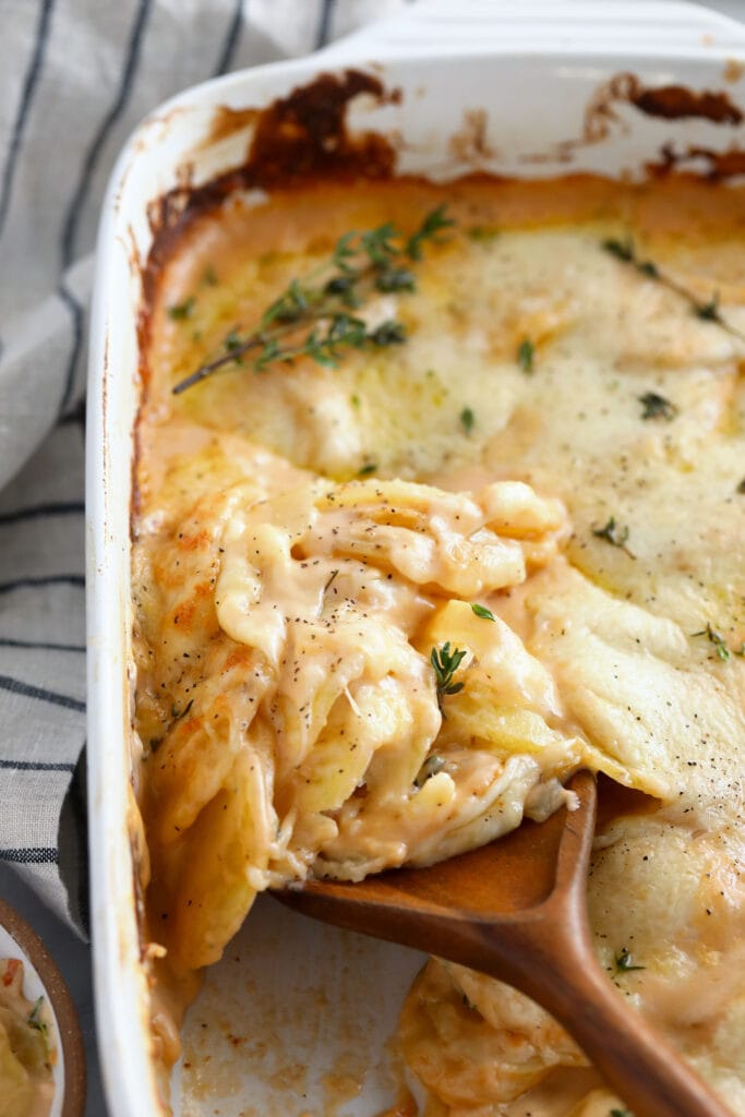 Cheesy scalloped potatoes in a casserole dish.