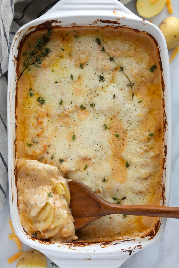 Cheesy potatoes in a casserole dish