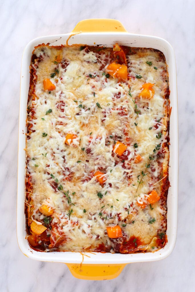 Butternut Squash lasagna in a pan.