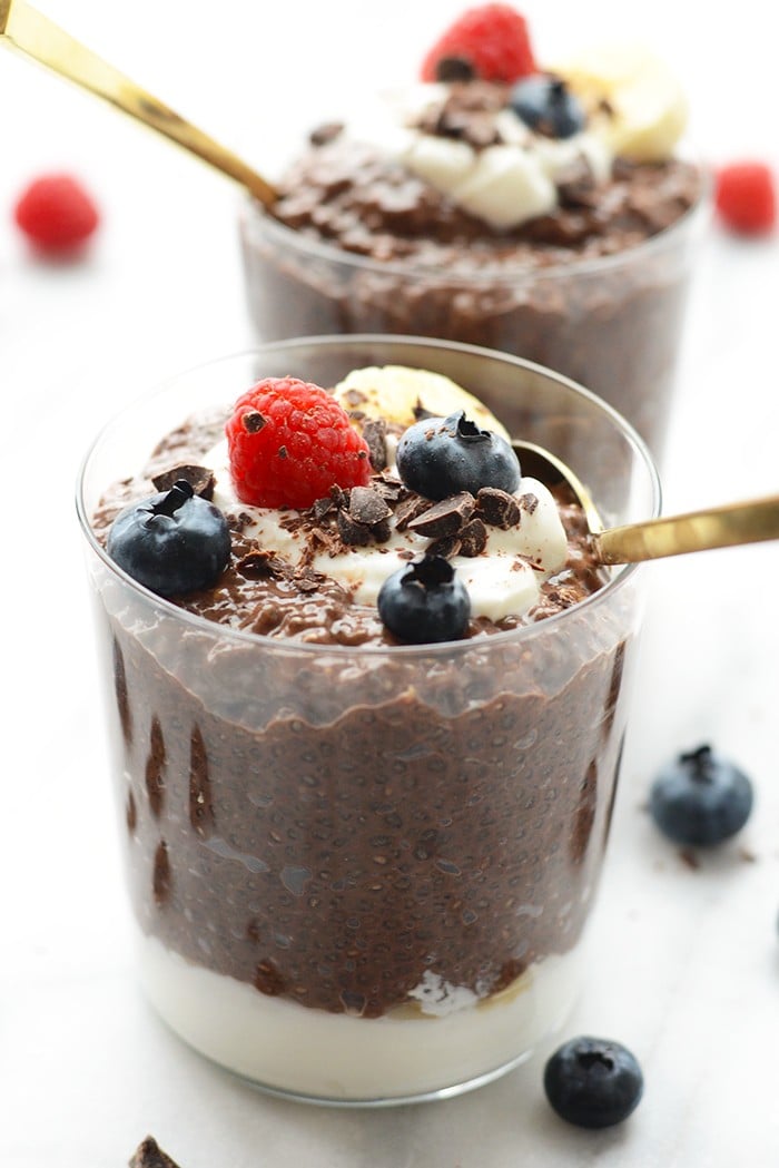 Looking for a dairy-free dessert that the whole family will love? Whip up this easy Chocolate Chia Seed Pudding Recipe with just a few clean ingredients and no refined sugar. Enjoy! chocolate chia seed pudding in a cup