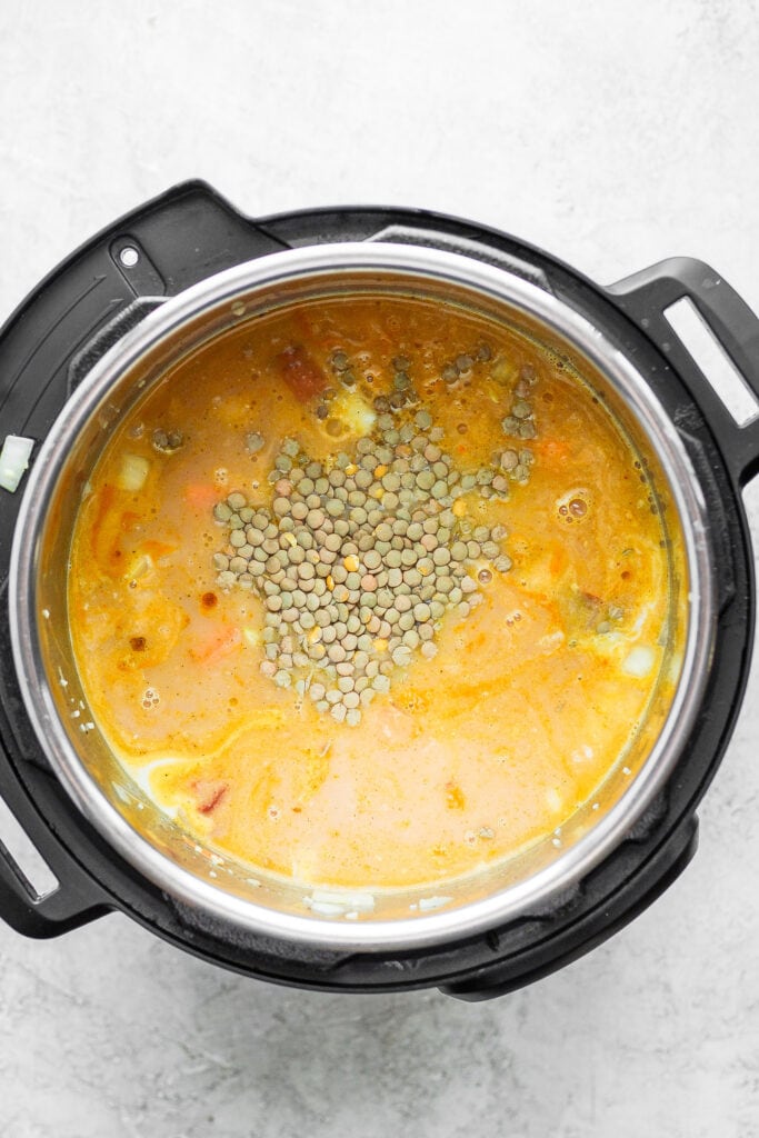 All the ingredients for lentil soup in the Instant Pot.
