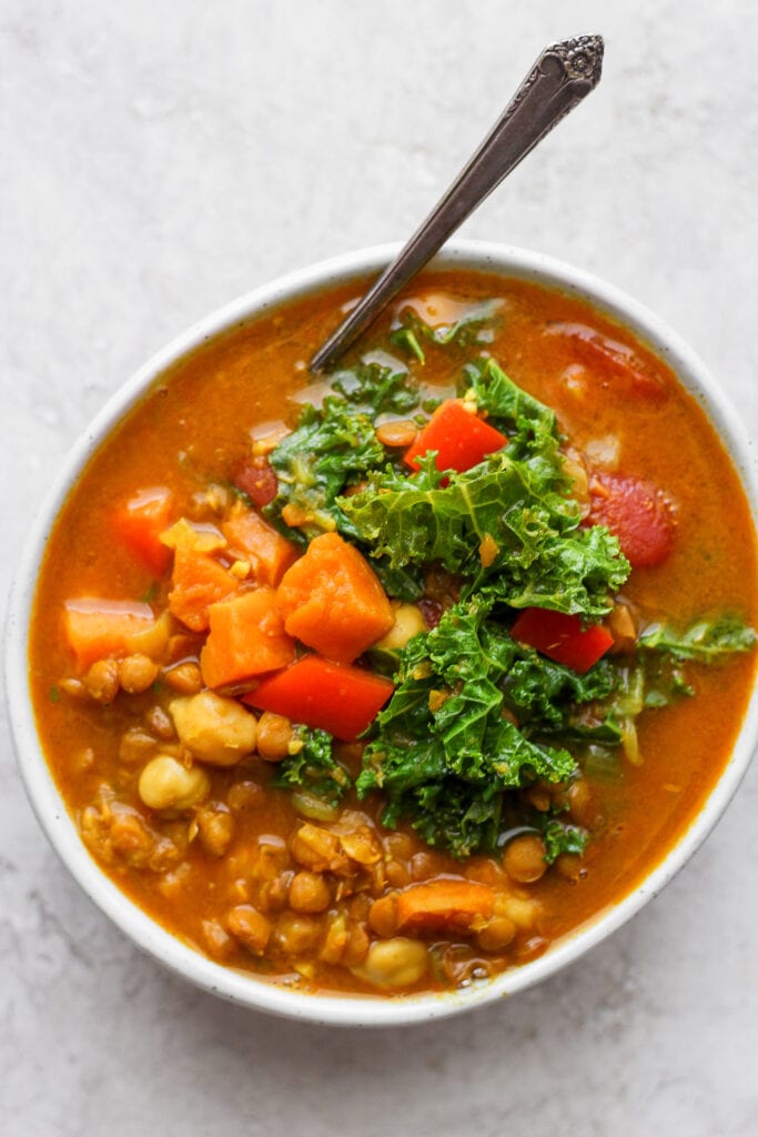 Instant Pot lentil soup in a bowl.