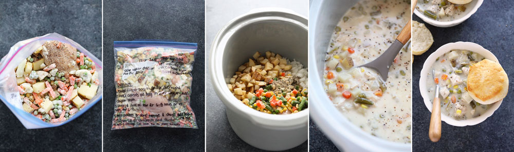 Crock Pot Chicken Pot Pie Soup that packs all the creaminess you love from a traditional chicken pot pie without all those fillers. This chicken pot pie soup recipe is packed with veggies and made creamy with a homemade healthy roux. We'll teach you how to prep, freeze, and make this soup with just a few ingredients. Chicken Pot Pie Soup