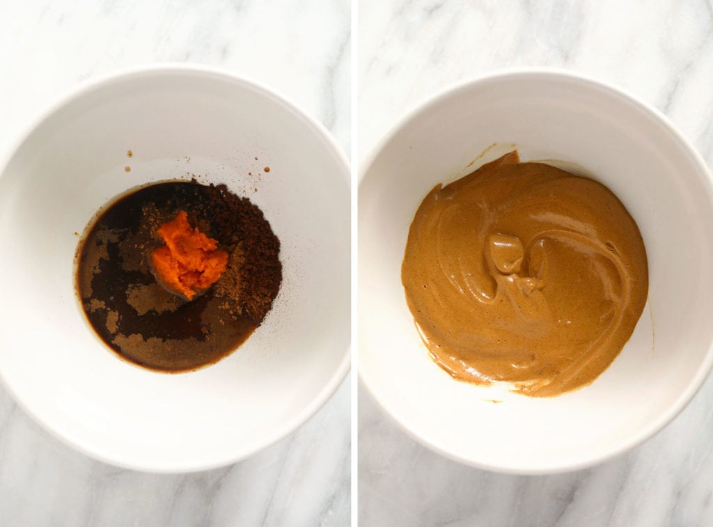 Before and after photos of pumpkin spice dalgona coffee.