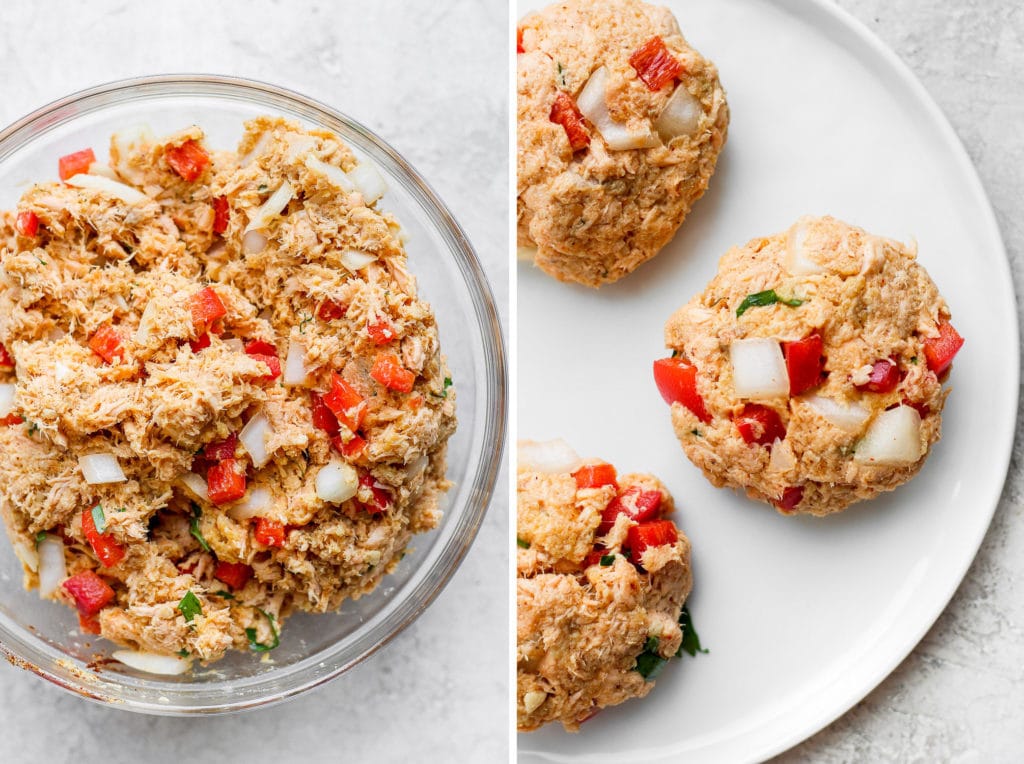 Got leftover salmon to use up? Make these super easy and delicious salmon patties for the perfect leftover meal today! salmon patties mixture in a bowl and then made into patties on a plate