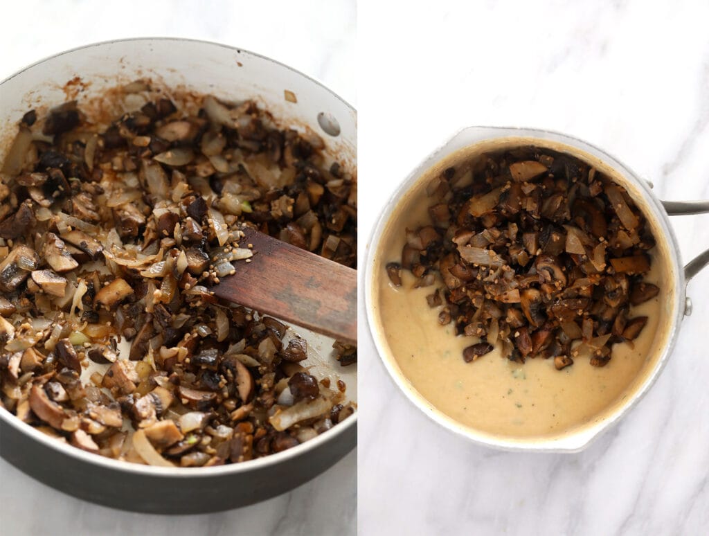Try our delicious vegan green bean casserole made with fresh green beans and the most scrumptious homemade mushroom gravy you've ever tried! making mushroom sauce in pot