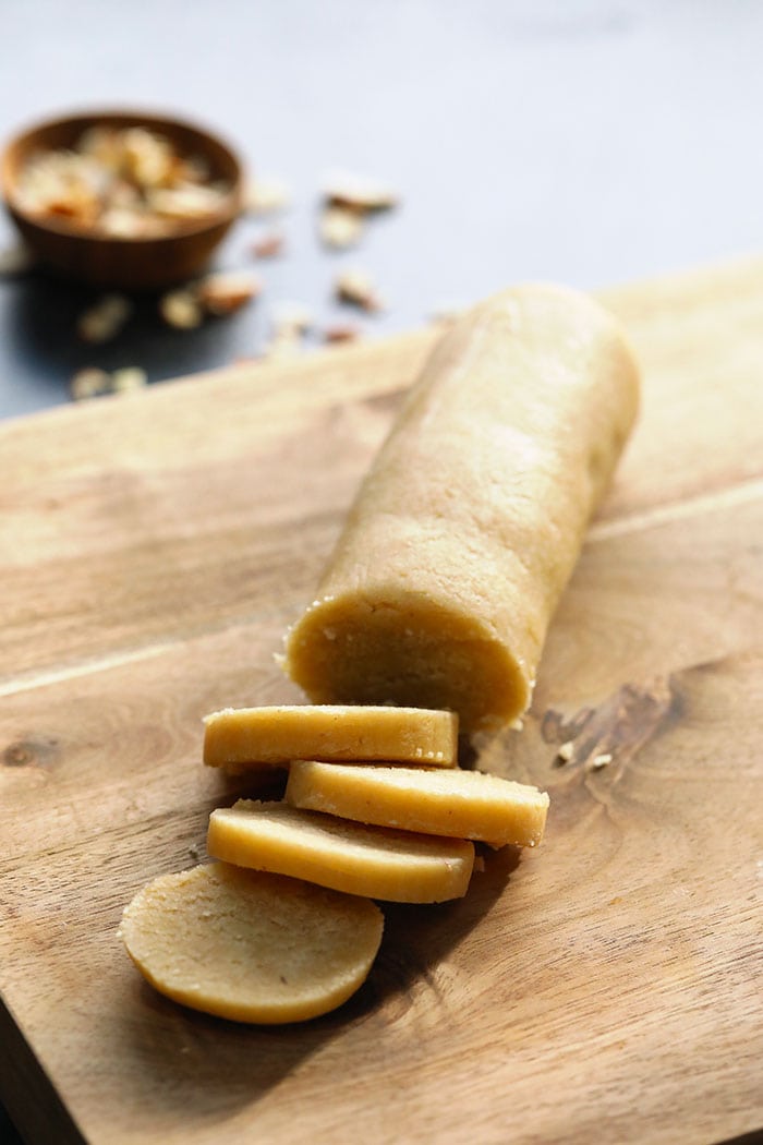Shortbread almond flour cookie dough in a log