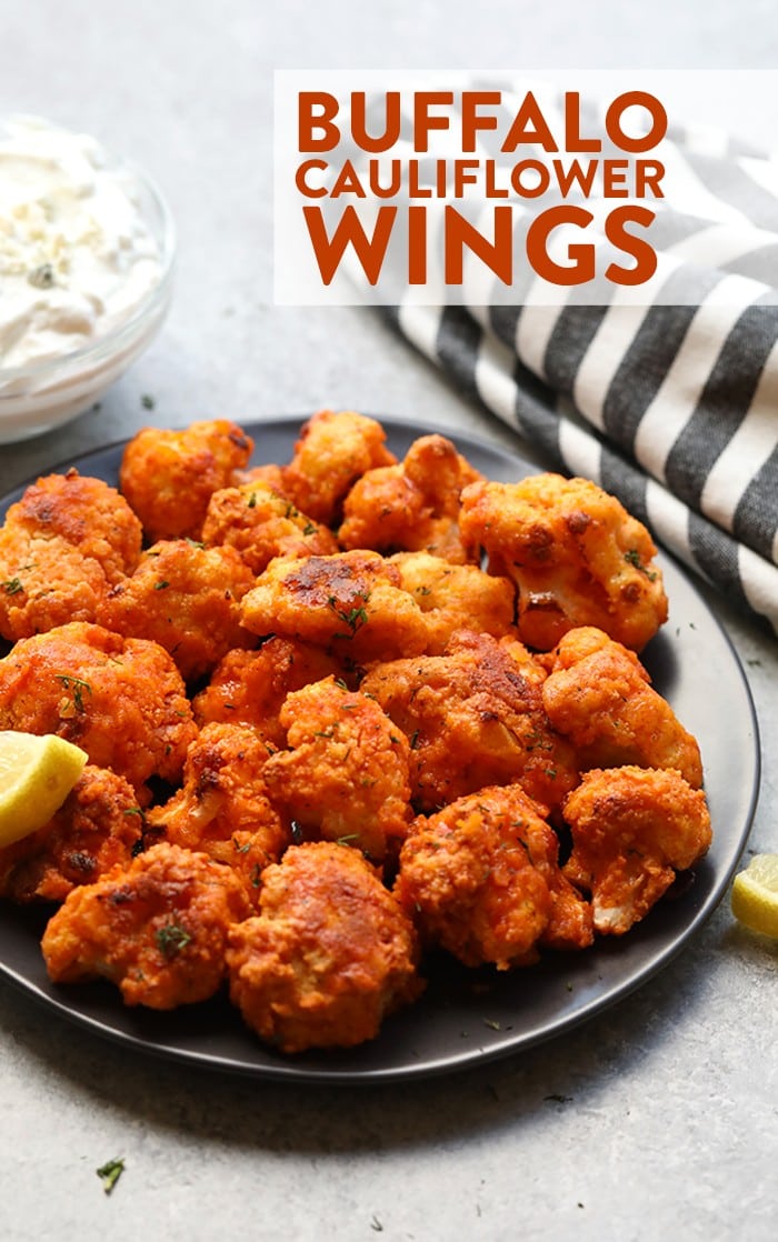 Spice up the game with these delicious game day appetizers! All of your favorite game day flavors now with a better-for-you twist. Bring on the healthy appetizers! TOUCHDOWN! Buffalo cauliflower wings on a plate