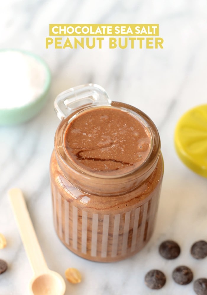 This chocolate sea salt homemade peanut butter is sweet and salty at the same time made with dark chocolate chips and sea salt! How to Make: Chocolate Sea Salt Peanut Butter