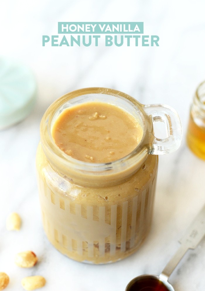 This honey vanilla homemade peanut butter is naturally sweetened with honey and enhanced with a splash of vanilla! How to Make: Honey Vanilla Peanut Butter
