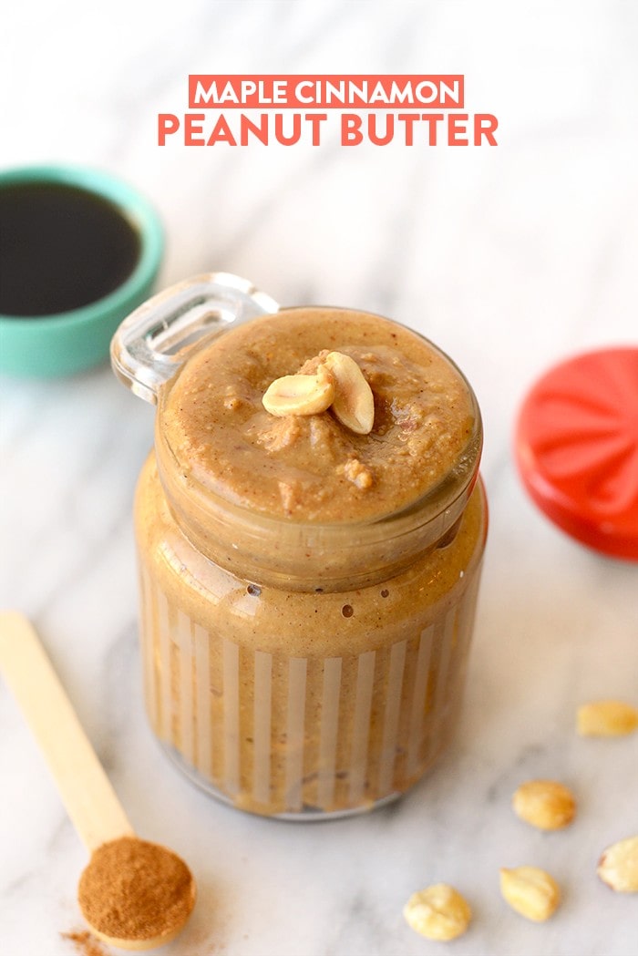 This crunchy maple cinnamon peanut butter is sweetened with 100% pure maple syrup, spiced with a touch of cinnamon, and texturized with whole peanuts! How to Make: Maple Cinnamon Peanut Butter