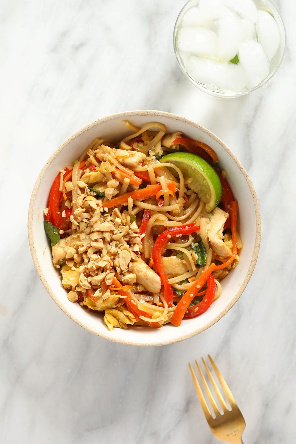Chicken pad Thai in a single serve bowl ready to eat.