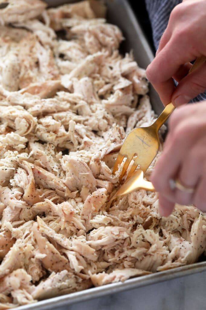 Wondering how to make the easiest shredded chicken? Look no further! This shredded chicken is baked to perfection, and will easily become a meal-prep staple in your home. chicken breast being shredded with two forks
