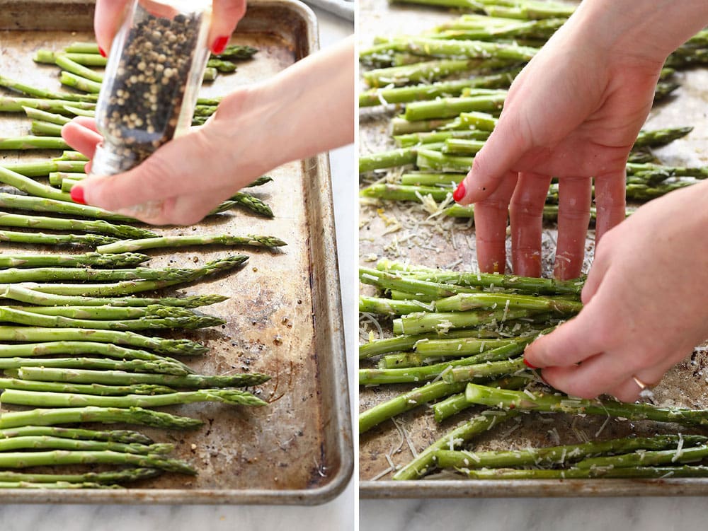 Roasted asparagus is such an easy side to whip up. Add salt, pepper, parmesan cheese, and a little lemon zest and it's the perfect veggie to pair with any meal. Salt and peppering asparagus on a baking sheet.