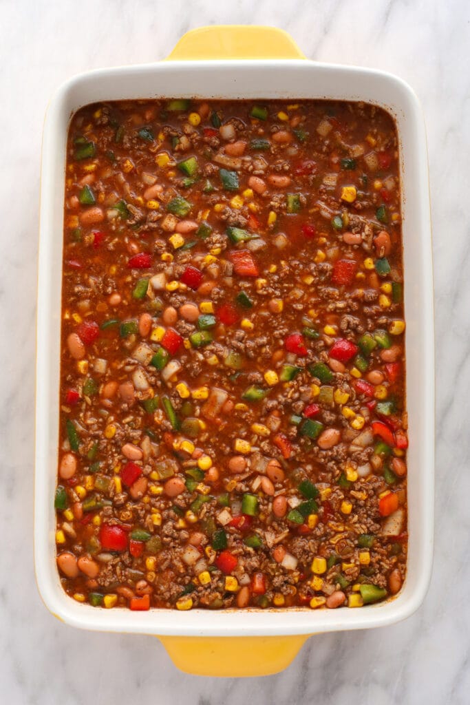 All the ingredients for this Mexican casserole mixed together.