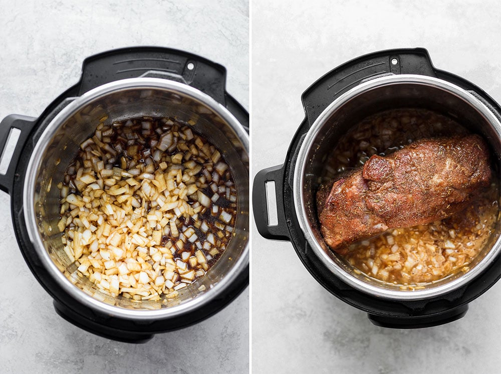 The most tender and juicy Instant Pot Pulled Pork made with a delicious dry rub and your favorite bbq sauce! pork roast in instant pot with onions and sauce