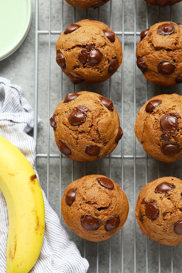 Looking for a healthy banana muffin recipe? This is it! Make a batch of these Healthy Banana Chocolate Chip Muffins for a yummy afternoon pick-me-up all week. banana chocolate chip muffins on a cooling rack