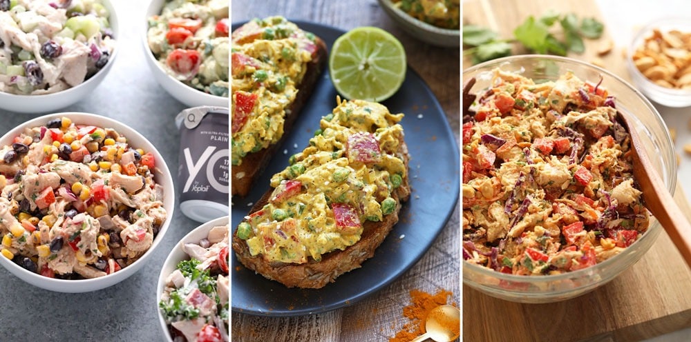 There are so many different variations of healthy chicken salad recipes! Make one today! Three of our favorite chicken salad recipes. Southwestern chicken salad, curry chicken salad, and thai chicken salad.
