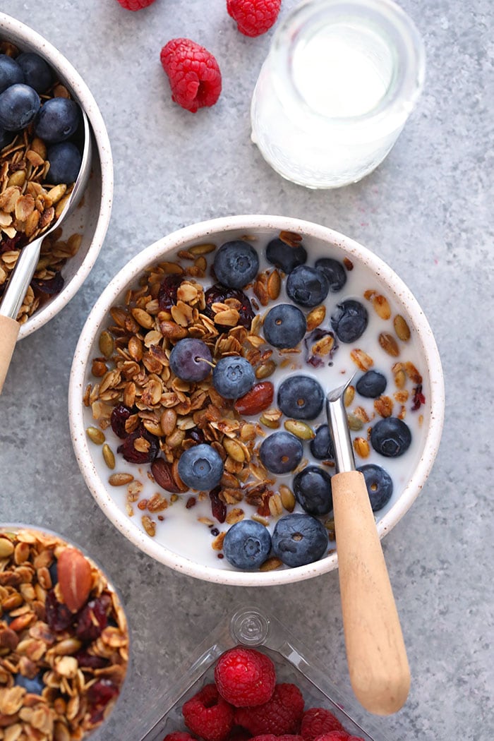 Make a batch of this healthy granola for quick access to a healthy crunch all week long! Store this healthy granola in an airtight container for a healthy breakfast option with a big crunch. Top your favorite breakfast smoothies, yogurt parfaits, or chia seed pudding with this healthy granola. Healthy granola in a bowl with blueberries and milk