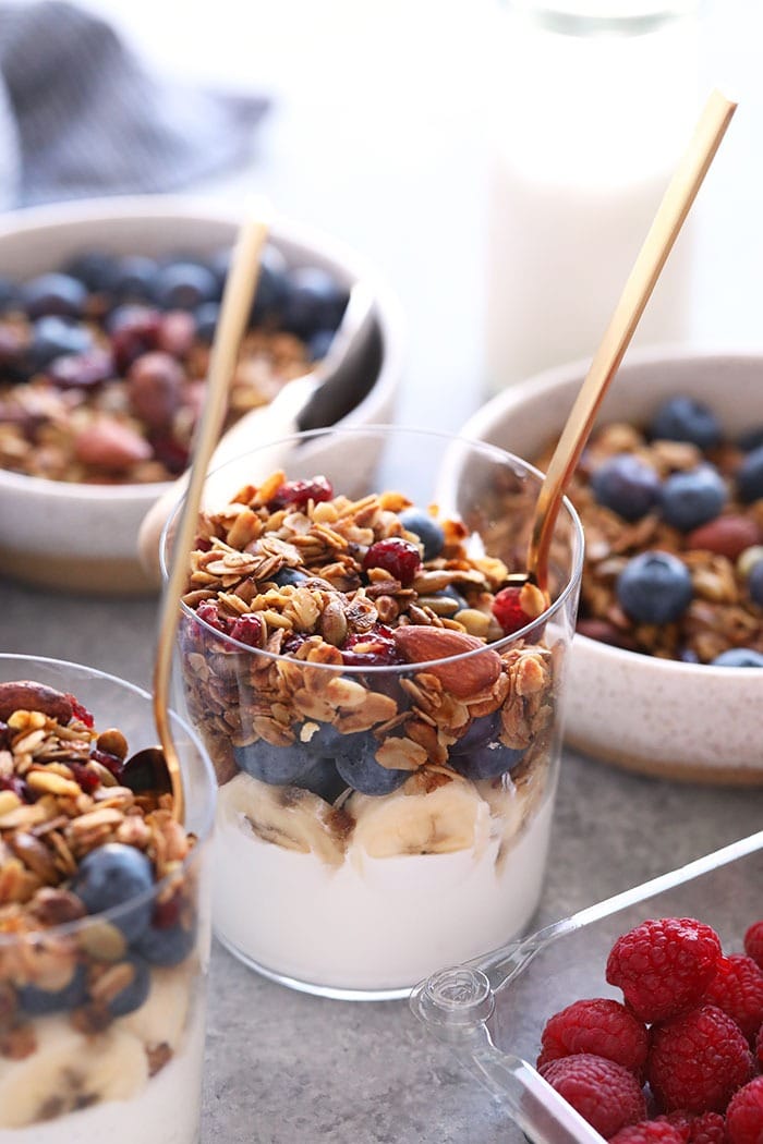 Make a batch of this healthy granola for quick access to a healthy crunch all week long! Store this healthy granola in an airtight container for a healthy breakfast option with a big crunch. Top your favorite breakfast smoothies or chia seed pudding with this healthy granola. A yogurt parfait with granola and fruit